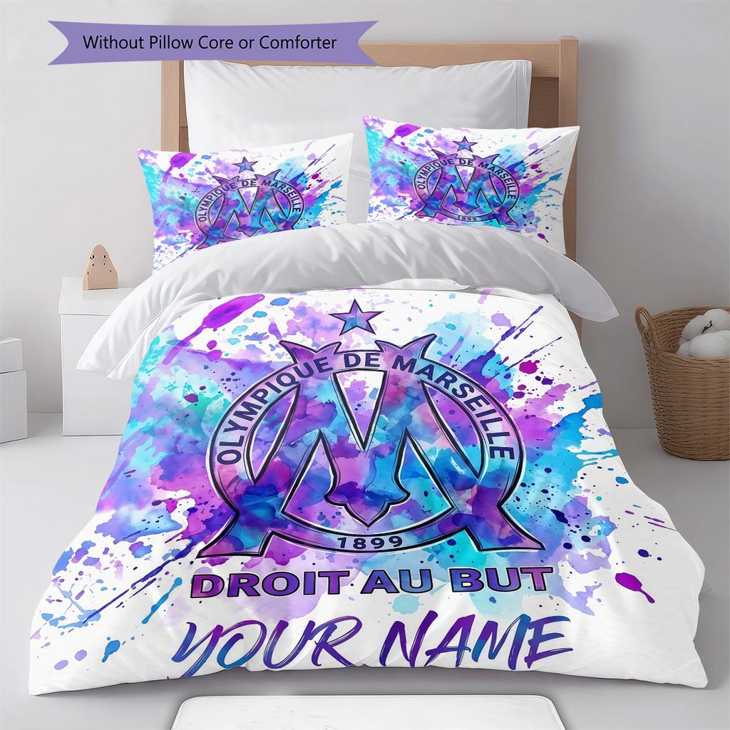 Custom Name Olympique de Marseille Pattern Bedding Quilt Set Home Decoration Gift (1 * duvet cover + 2 * pillowcase without core)