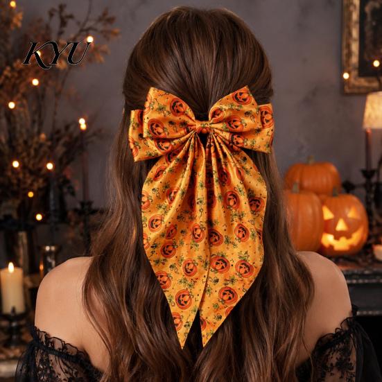 Trendy Satin Hair Bows Large Halloween for Women Girls, Vintage Ribbon Barrette Clips with Long Non-slip Spring Tails, Ghost/Pumpkin/Blood Mouth Print