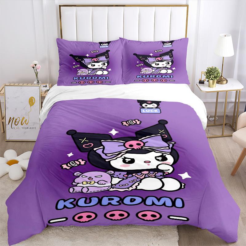 3 шт. Набор постельного белья с принтом Kuromi Sanrio 'Удача' (1 Пододеяльник + 2 Наволочки, Без Наполнителей), Мягкий и удобный W058