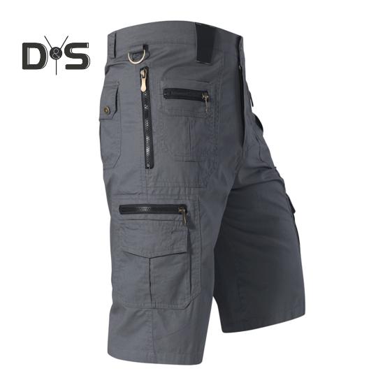 Men Cropped Pants with Multi-Pockets Design Mid-rise Button Zipper Fly Straight Leg Solid Color Cargo Shorts
