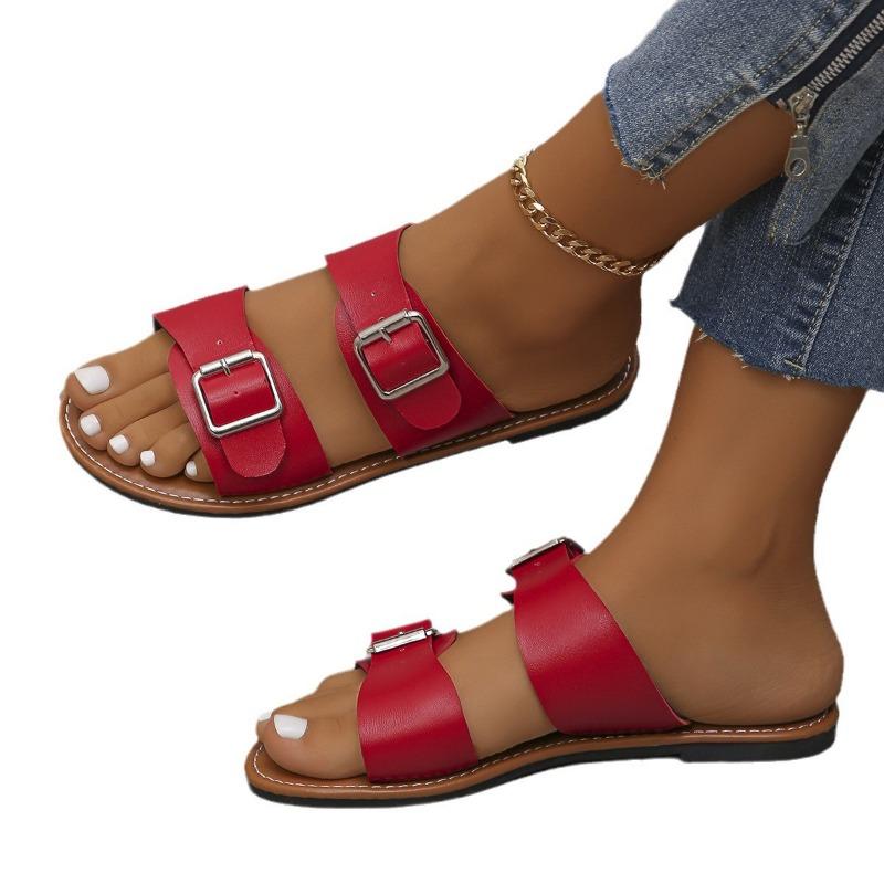 Европейские и американские импортные туфли большого размера с пряжкой на плоской подошве, однотонные женские новые трансграничные пляжные тапочки с открытым носком