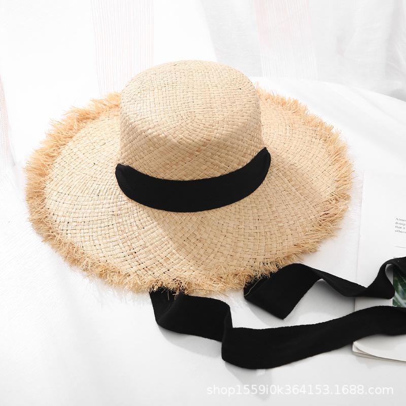 Small Fresh Strap Lafite Straw Hat Women's Summer Big Brim Seaside Sun Hat Sunscreen Beach Vacation Beach Hat