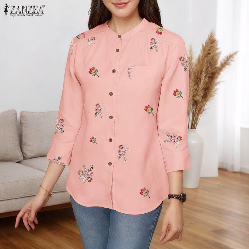 ZANZEA Женская повседневная блузка с круглым вырезом и рукавом 3/4 с цветочным принтом