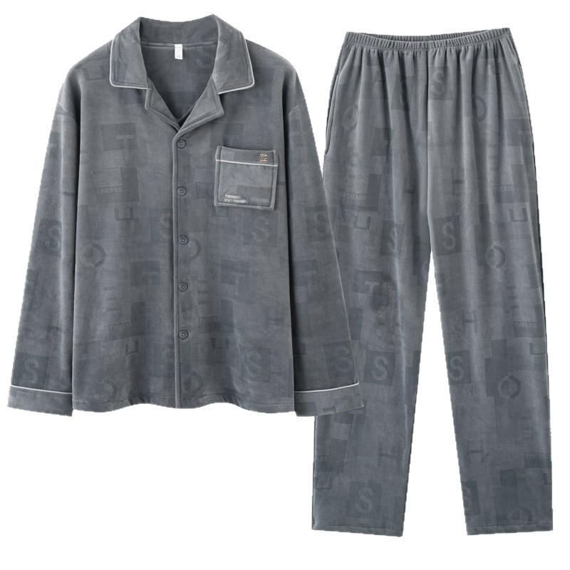 Island fleece pajamas men's autumn and winter cardigan high-end men's casual coral fleece warm loungewear winter suit