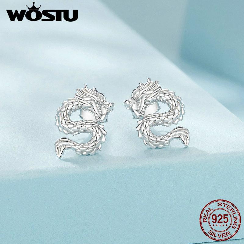 WOSTU 925 Sterling Silver Vintage Dragon and Phoenix Stud Earrings Couple Unsex Unique Jewelry Gift For mom Daugther Wife