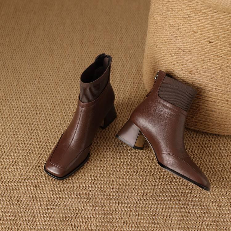 Женские универсальные модные ботильоны на массивном каблуке - квадратный носок, кожа Fly-Knit, плюс бархат, для осени/зимы 2025