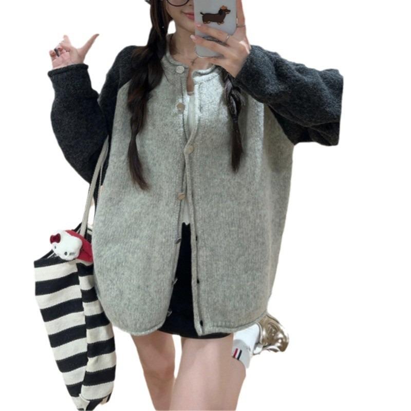 Ленивый ветер серый кардиган с длинным рукавом женский осенний новый трикотажный свитер с контрастной вставкой пальто