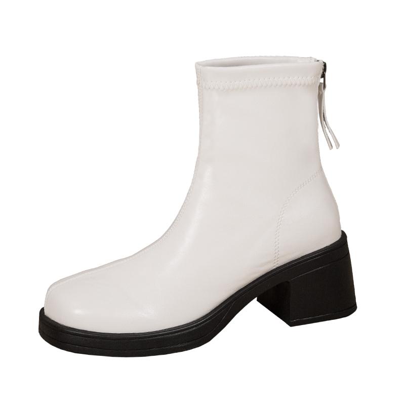 Мода 2024 Зима Новая модная верхняя одежда женские модные ботинки однотонные с молнией сзади толстые высокие каблуки голые ботинки для женщин