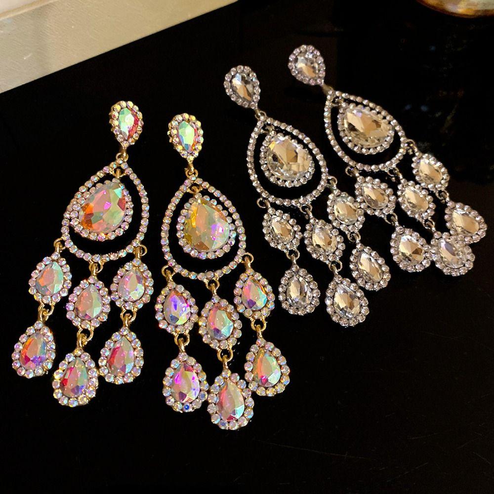 Colored Crystal Dangle Earrings Exaggerated Design Tassel Earrings Ladies' Jewelry