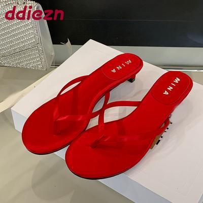 Модные красные модные женские шлепанцы-сандалии с круглым носком и низким каблуком Летние пляжные шлепанцы Женские шлепанцы на каблуке Женские шлепанцы