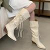 Остроносые, но до колена женские сапоги 2025 осень и зима новая замшевая ретро толстый каблук шнуровка длинный голенище сапоги гармошкой