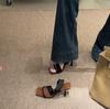 Retro Spice Girl Style~ Square Head High Heel Slippers Women's Outer Wear Wrap-Up Open-Toe Skinny Heel Sandals