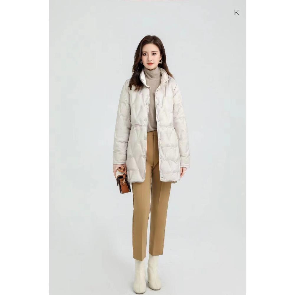 Women's Double Side Thin Jacket Stand Collar White Duck Down Coat Women's Ultra-light Mid-length Parka Half-high Collar Button Coat