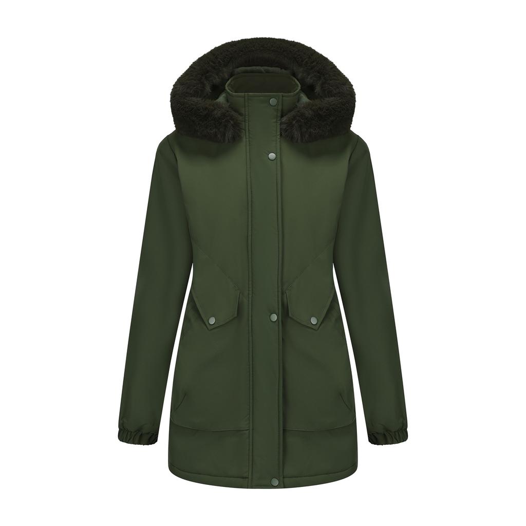 European and American-style Long Winter Parka for Women, with Fleece Lining and Large Fur Collar