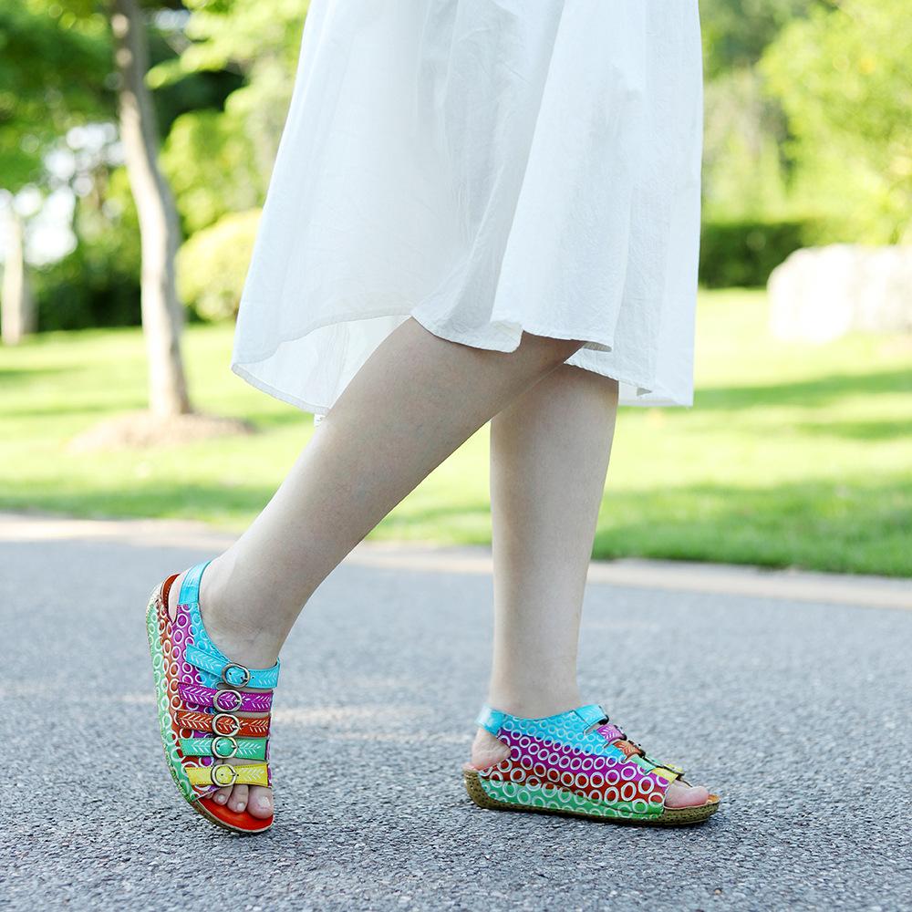 Johnature Женская обувь в стиле ретро из натуральной кожи, летние цветные сандалии на плоской подошве, удобные дышащие пляжные сандалии с ручной росписью