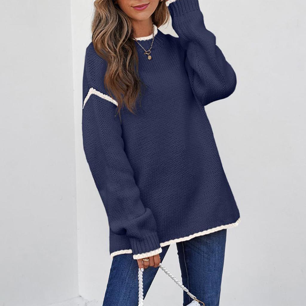 Women's Fashion Color Blocked Round Neck Long Sleeved Knitted Sweater Pullover Sweater Top