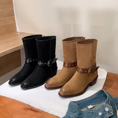 Коровья кожа~ Натуральная кожа ретро квадратный носок ботинки Мартин женские на высоком каблуке ботинки-локомотивы темпераментные со складками на толстом каблуке ковбойские ботинки в западном стиле