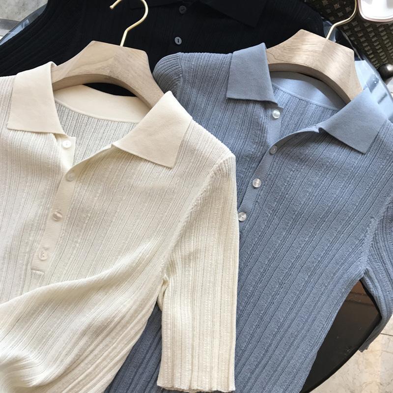 Summer Linen Tencel Breathable Cool French Polo Lapel Thin Knitted Shirt Women