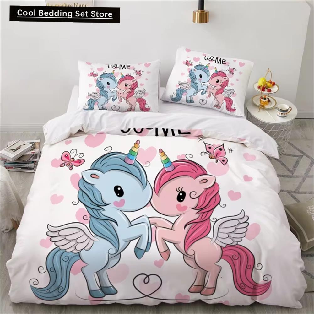 Детские комплекты постельного белья, подарки, комплекты пододеяльников с принтом единорога и красочной лошади для детей, девочек и мальчиков, 2/3 шт., розовые одеяла