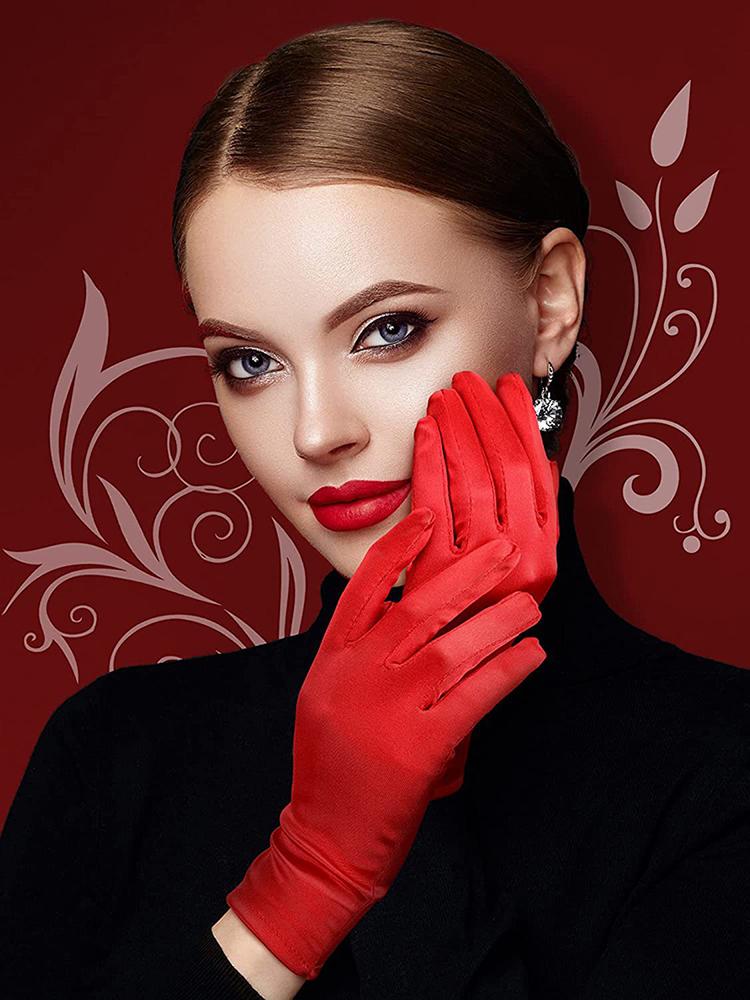 Women Satin Solid Short Wrist Gloves Smooth Evening Party Formal Prom Costume Stretch Gloves Red White Etiquette Wedding Gloves
