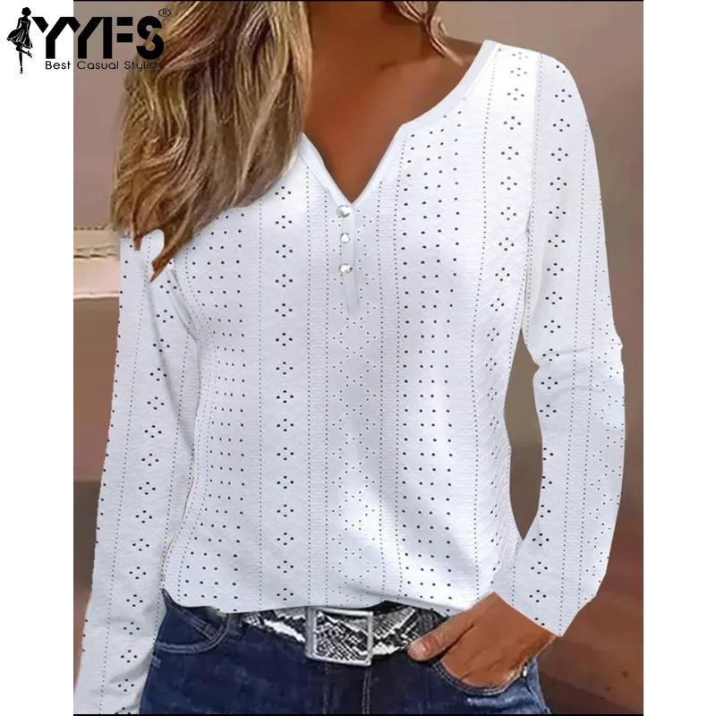 YYFS Women's Fashion Casual Spring Fall Solid Color Print Hollow Long Sleeve V-Neck Blouses & Shirts Pullovers