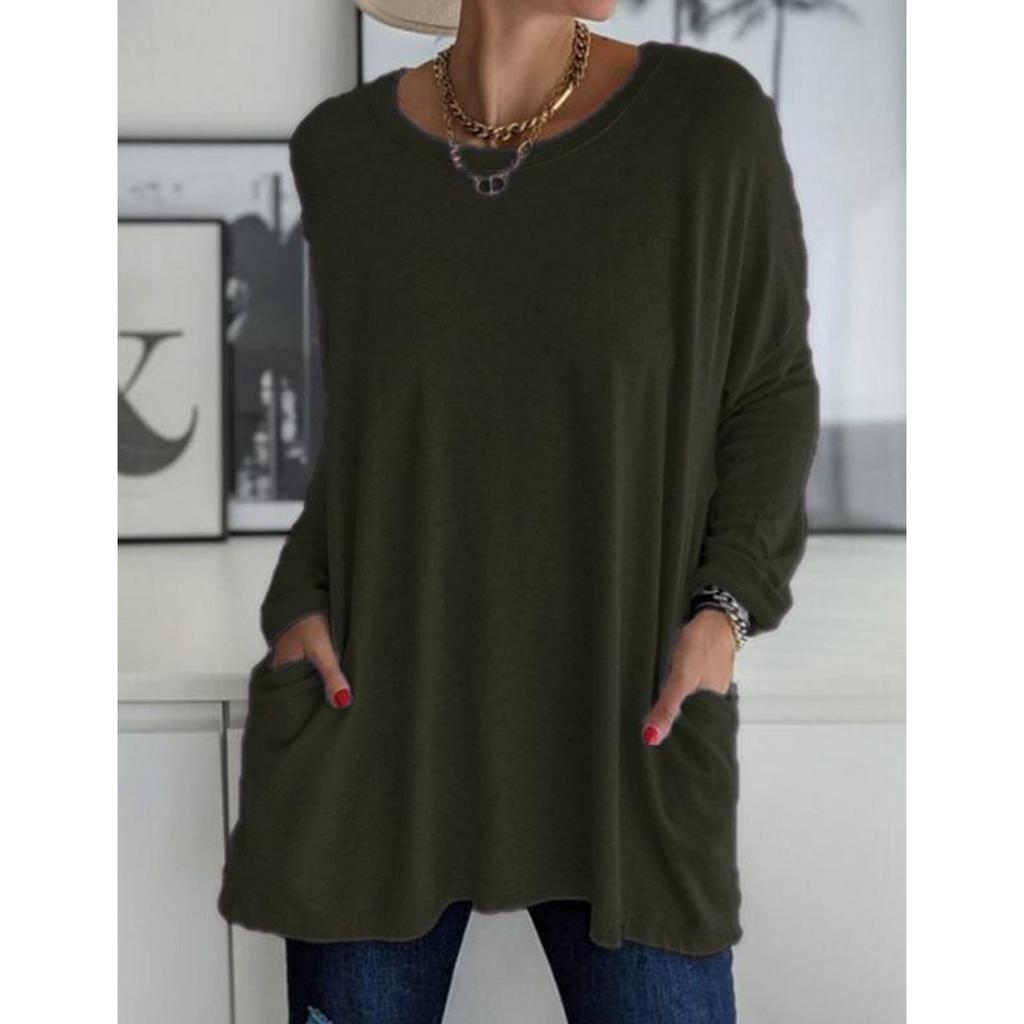 Женская повседневная весенне-летняя туника с карманами, топ с круглым вырезом, рубашка с длинными рукавами, модная свободная однотонная футболка большого размера