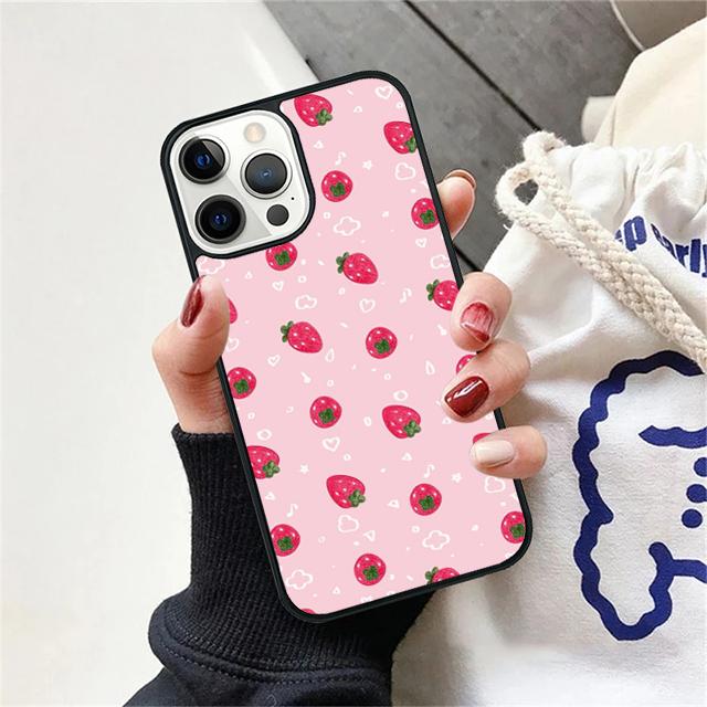Розовый чехол-бампер с рисунком клубники для iPhone 17 Air 15 16 14 13 12 Pro Max 11 Pro Max Plus
