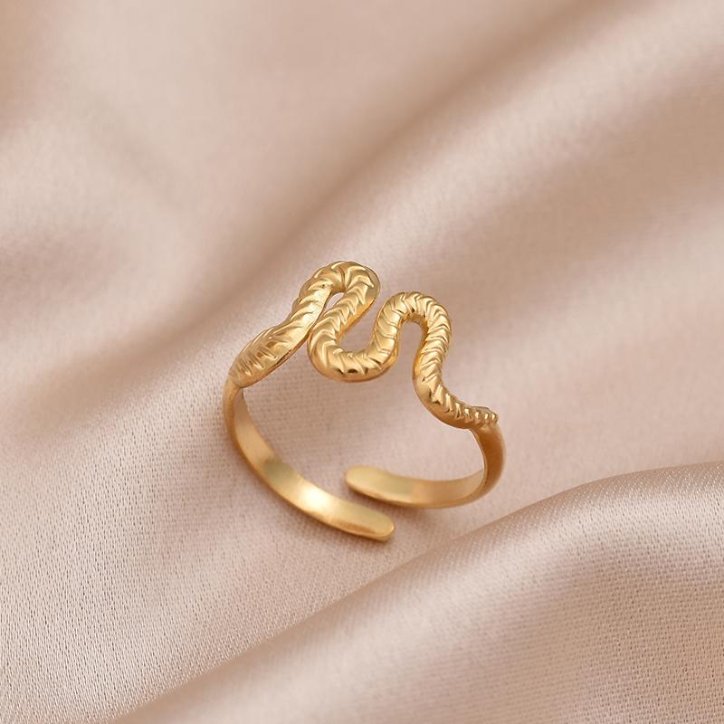 Trendy Stainless Steel Rings For Women Men Gold Color Geometric Open Adjustable Vintage Snake Leaf Shape Ring Jewelry Party Gift