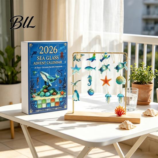 Hanging Ornaments for Tree Sea Life Advent Calendar 2026, 2D Christmas Countdown Box with Acrylic Decorations Ocean Animal Pendants, Festive