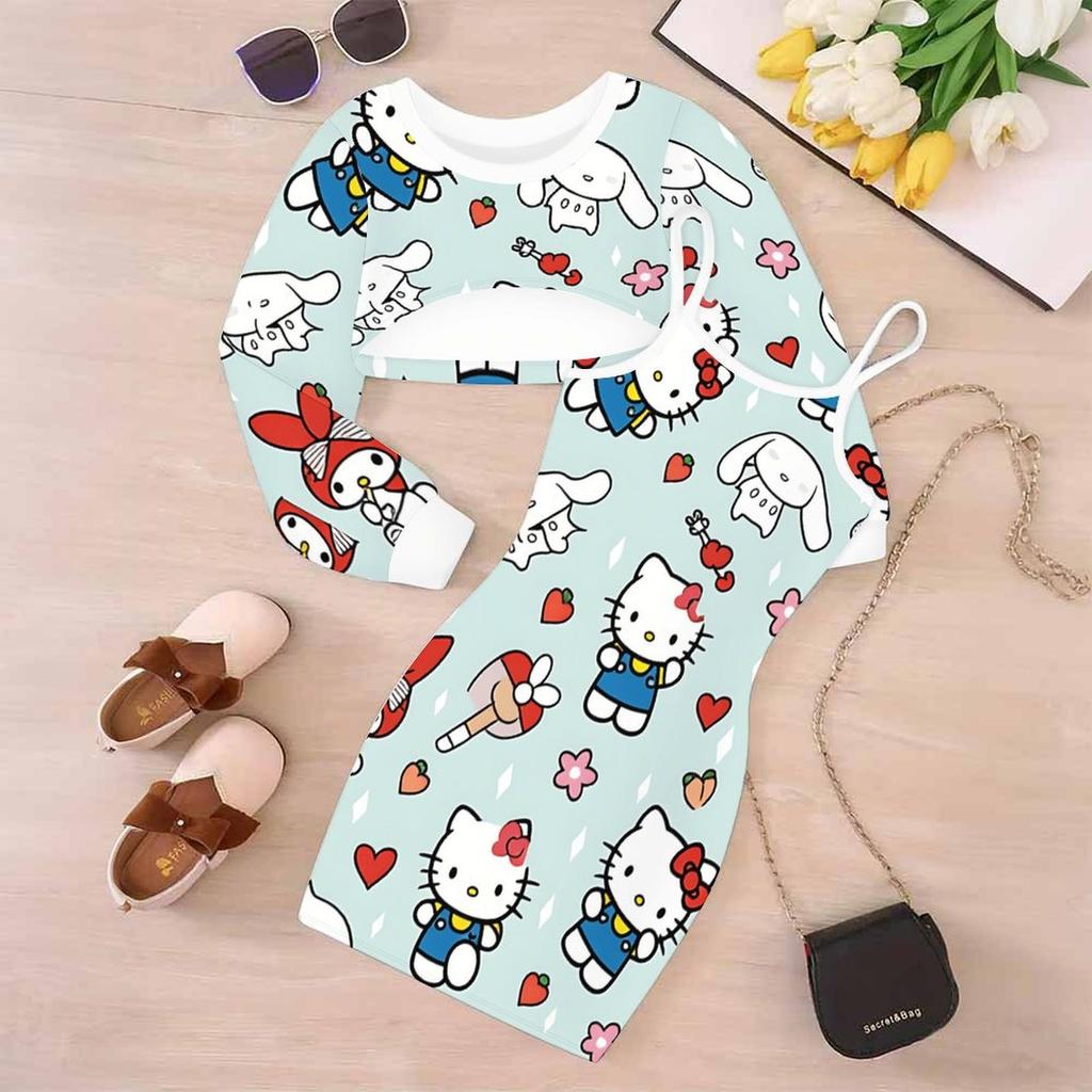 Girls Cartoon 2 Piece Outfits, Long Sleeve Crop Top + Spaghetti Strap Bodycon Dress, Rose Cute Cartoon Print Party Dress Set