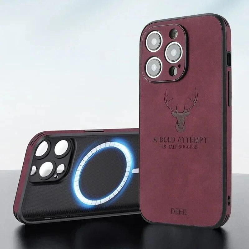 Винтажный кожаный чехол с оленем из овечьей кожи для iPhone 15 14 13 12 11 Pro Max 15Pro 14Pro 13Pro, полное покрытие для Magsafe с беспроводной зарядкой