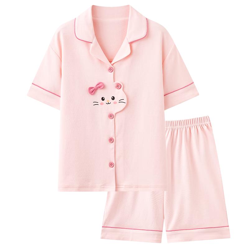 Langsha Pink Cat Pajamas for Women Cute Pure Cotton Summer Thin Sweet Loose Student Short Sleeve Homewear Suitable for Outside Wear