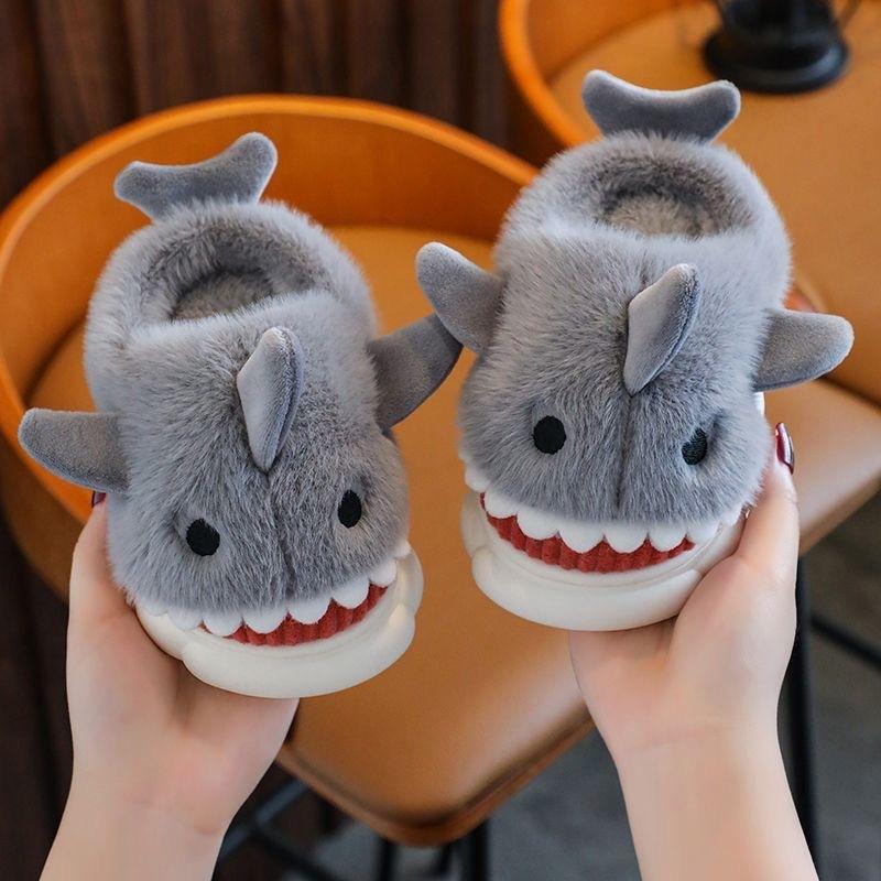 Winter Cartoon Shark Cotton Slippers Boys Indoor Soft Bottom Padded Warm Middle And Large Children Non-slip Children's Slippers