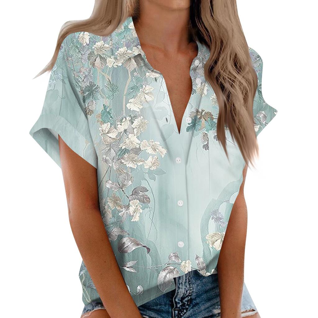 Women's Short Sleeved Shirt, Daily Fashion Printed Button Top, Chest Pocket Cardigan