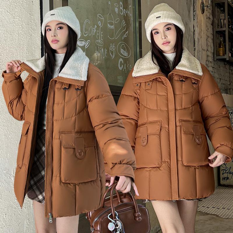 New plush lapel down cotton-padded clothes women's medium and long winter cotton-padded clothes loose cotton-padded jacket