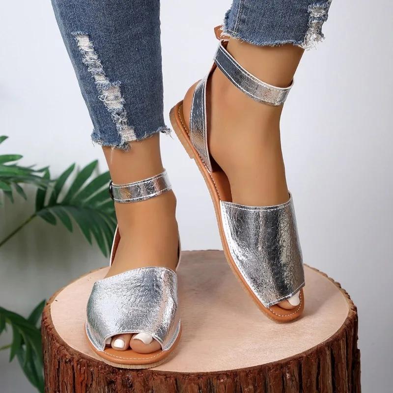 Горячая распродажа обуви женские сандалии с пряжкой на ремне женские сандалии больших размеров повседневные женские сандалии с круглым носком на плоской подошве с туфлями женские