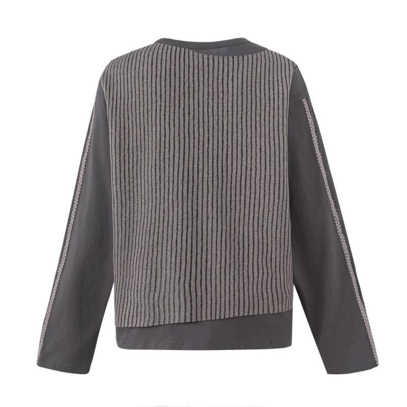 Mens Irregular Striped Long Sleeve T-Shirt Loose Retro Streetwear Casual Round Neck Top