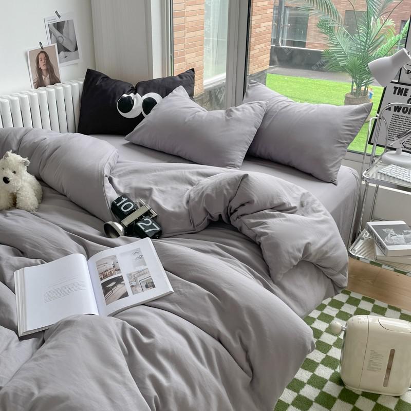 Однотонный Комплект Пододеяльника из Мягкой Микрофибры с Эффектом Стирки 4 Предмета на Двуспальную/Полуторную/Королевскую Кровать с Застежкой-Молнией 1 Пододеяльник 1 Простыня 2 Наволочки