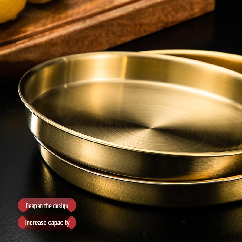 Круглый золотой поднос из нержавеющей стали в корейском стиле для холодной лапши, риса или приготовления на пару – Утолщенная тарелка с плоским дном