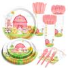 Pink Farm Animals Disposable Tableware Girls Birthday Supplies Cartoon Animals Chick Pig Cow Plates Happy Girls Birthday Party