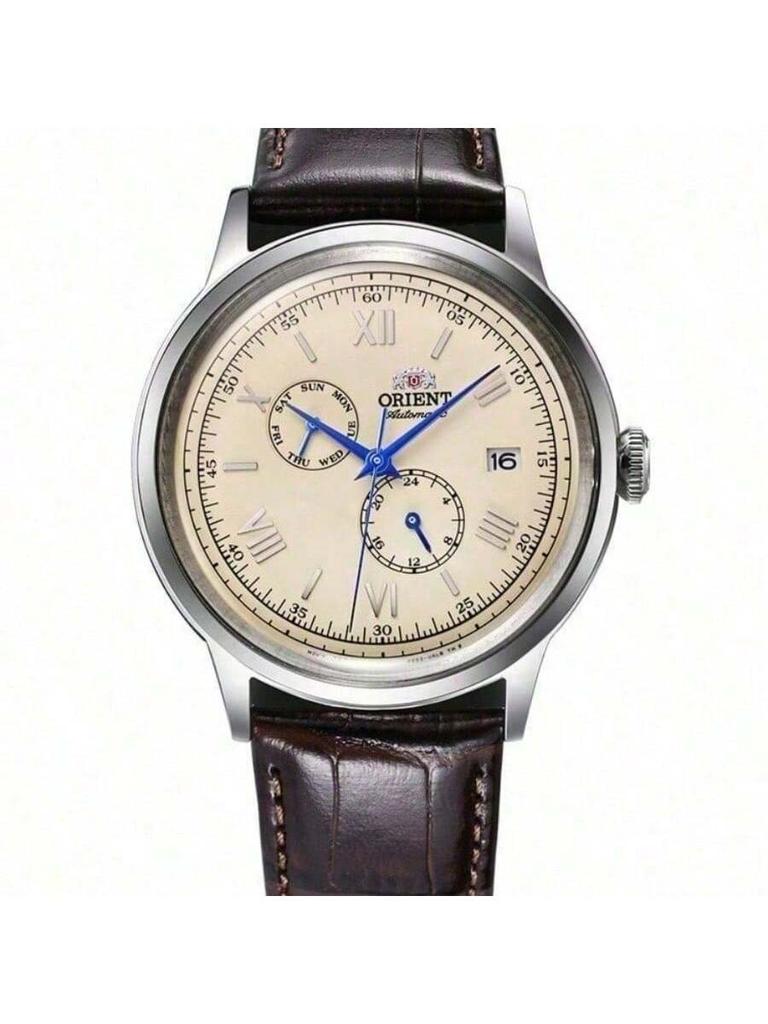 The Men's Mechanical Watch Has a Sub-dial With Date and Day Display. The Dial Is Cream-colored. RA-AK0702Y10B