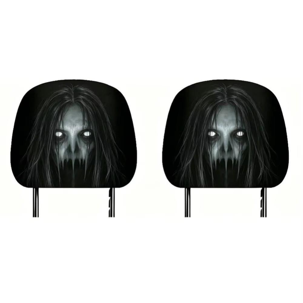 2Pcs Black Car Headrest Cover Scary Face Printing Car Headrest Protector Car Seat Cover  Halloween