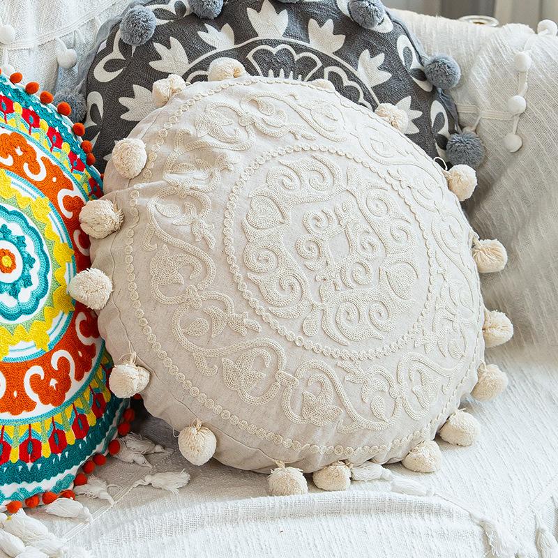 Moroccan Ethnic Style Hand-embroidered Round Pillowcase Living Room Sofa Cushion Ball Indian Decorative Pillow
