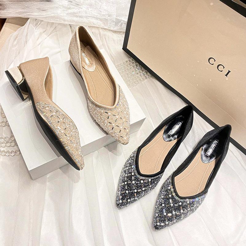 Французские туфли на высоком каблуке. Новые женские темпераментные туфли без шнуровки со стразами и блестками на толстом каблуке. Женская обувь большого размера 43