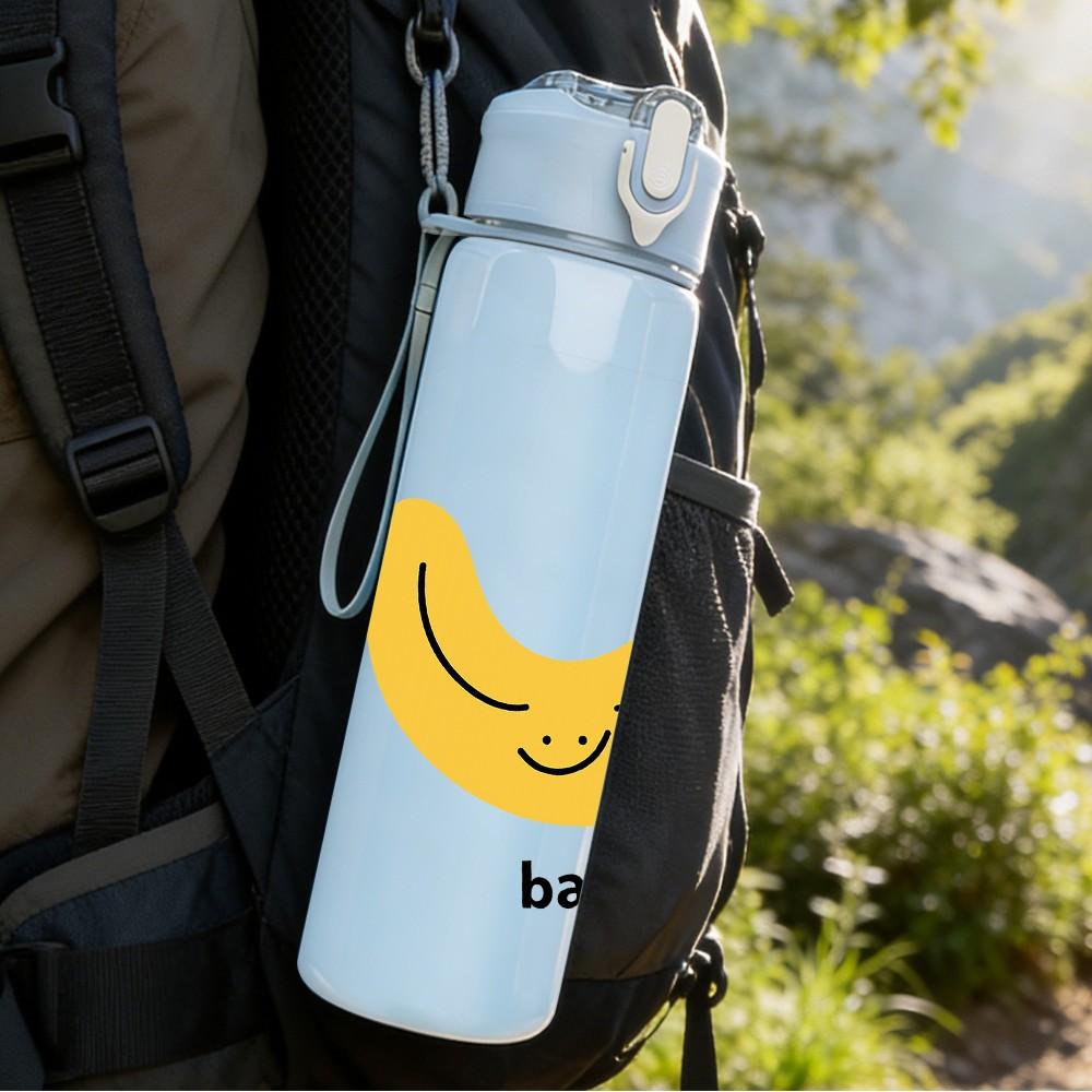 1PC Smiling Banana Letter 750ml Color Plastic Sports Water Bottle Leakproof Flip Straw Lid Suitable for Sports Office Home Use