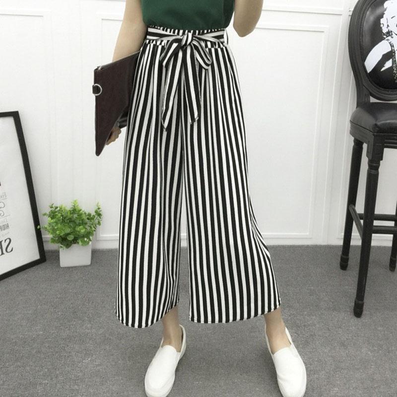 Women High Waist Elastic Striped Culotte Pants With Elegant Wide Leg Flare Design For Casual Wear