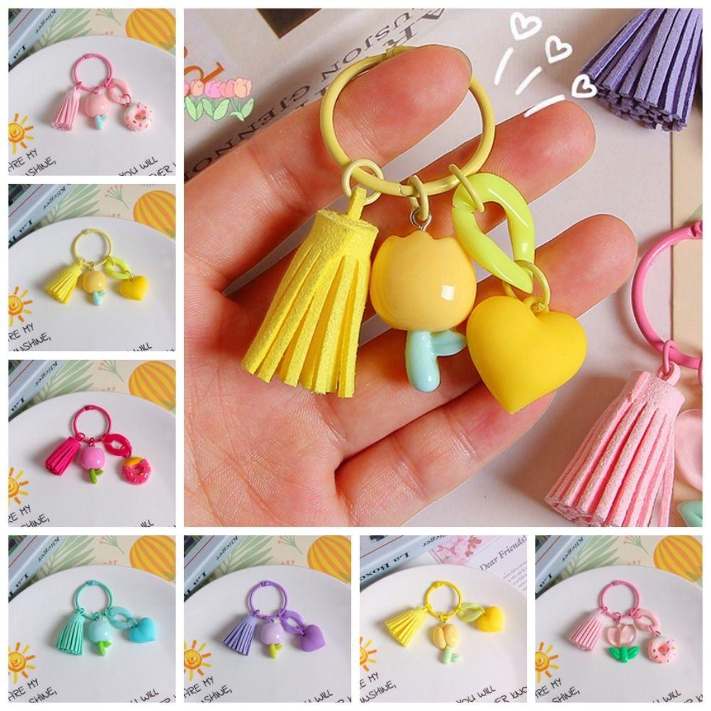 With Tassel Sweet Resin Tulip Keyring Young Girl's Heart Tulip Flower Keychain Pendant   Girls