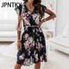 JPNTKY Women's Fashion Summer Spring Floral Print Short Sleeve V-Neck Casual Dresses