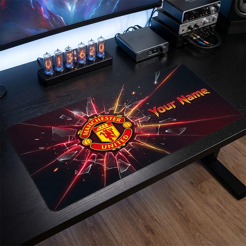 Manchester United Custom Large Mouse Pad, Personalized Name Text Print, Football Logo Non‑Slip Desk Mat Gaming Gift