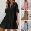 Women's Short Sleeve Shirt Dress Lapel V Neck Button Down Swing Dress